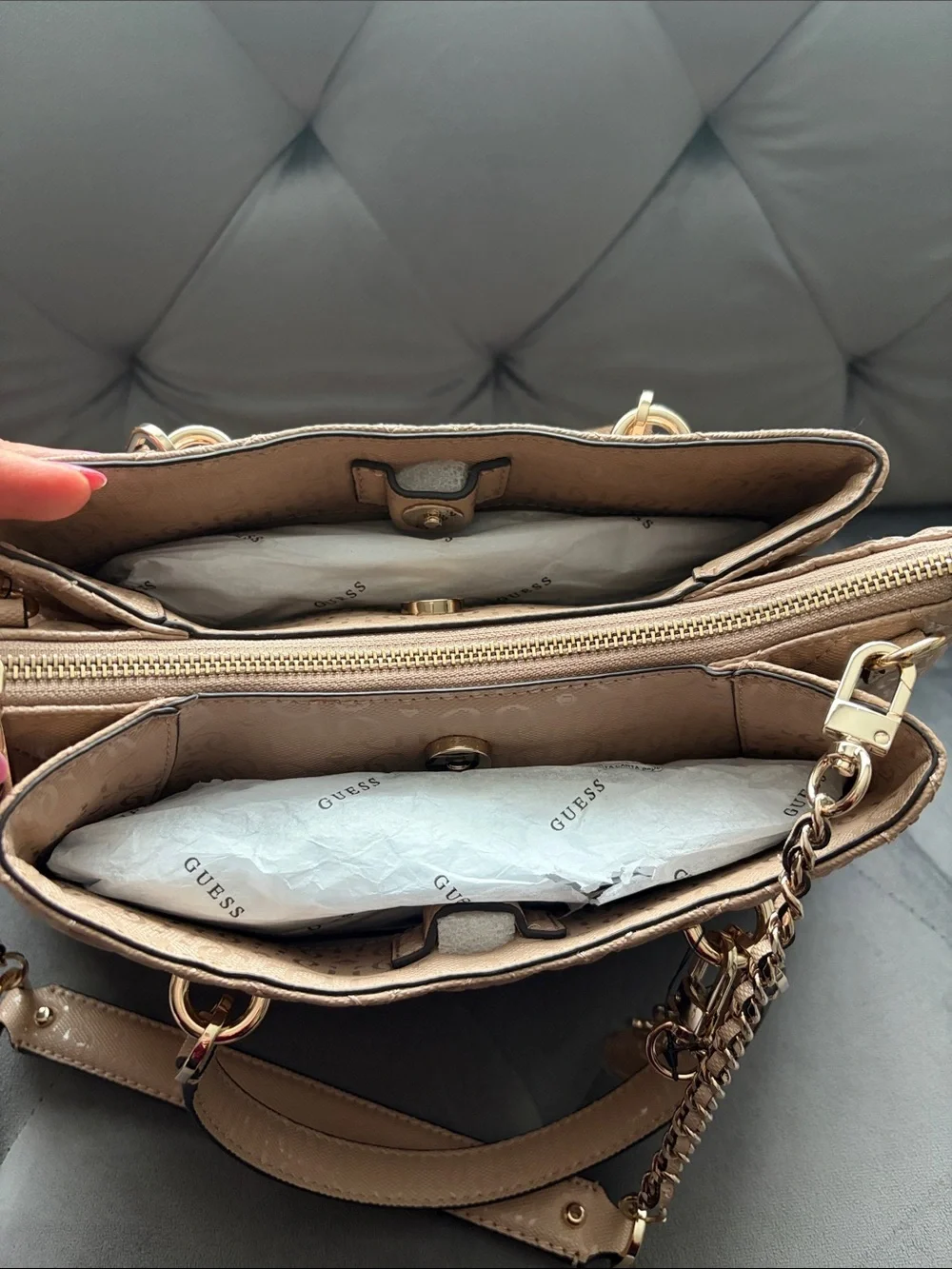 GUESS Quilted Satchel in Taupe with Gold Hardware